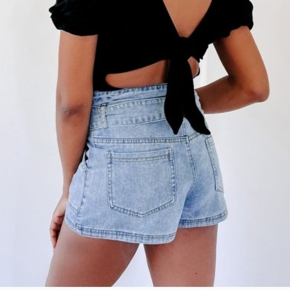 Le Lis 100% Cotton Paper Bag Belt  Light Blue High-Waisted Shorts Size 29 - Picture 2 of 13